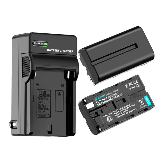 NP-F550 Battery 2-Pack + Wall Charger for Sony 2600mAh