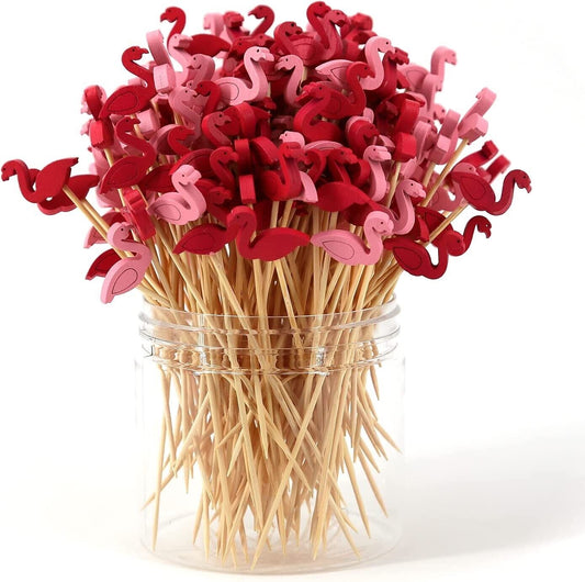 100 Pcs 5inch Cocktail Picks flamingo Handmade Sticks Bamboo Toothpicks