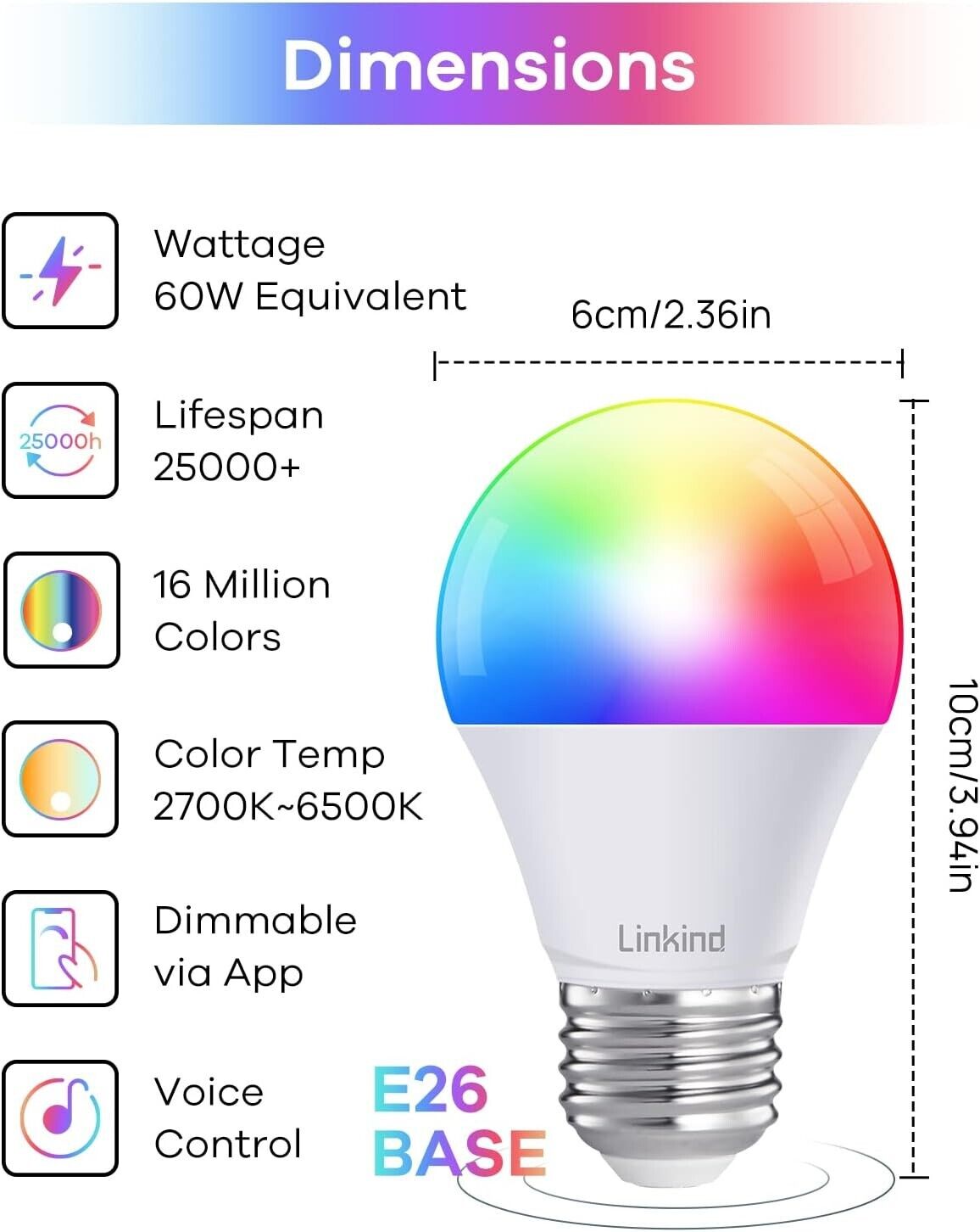 4x Smart Light Bulbs LED RGBW Color Changing Dimmable A19 E26 Bulbs, 2700-6500K