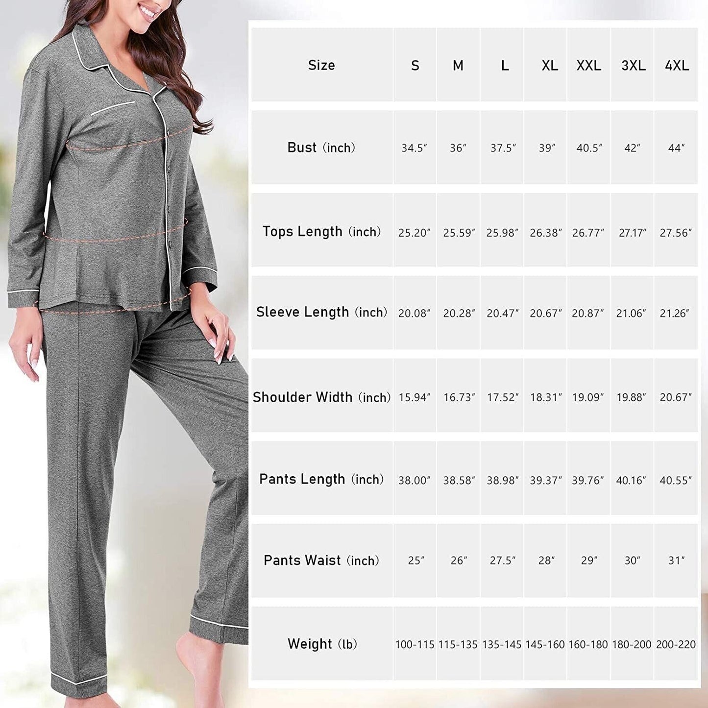 SIZE-ONLY-L-Womens Pajama Set Soft Long Sleeve Pajamas & Long Pants with Pockets