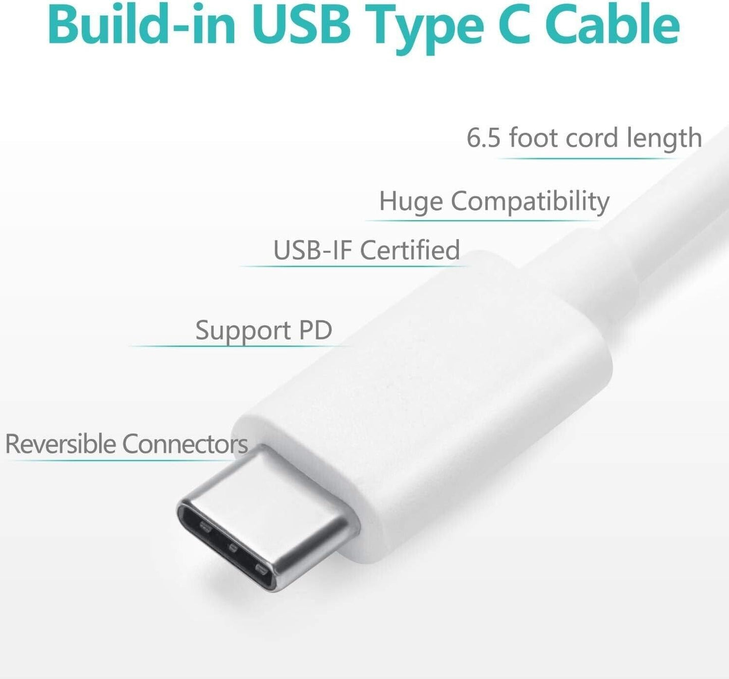 Nekteck 45w USB-C Charger with Attached 6ft Long Cable, PD.3[USB-IF Certified],