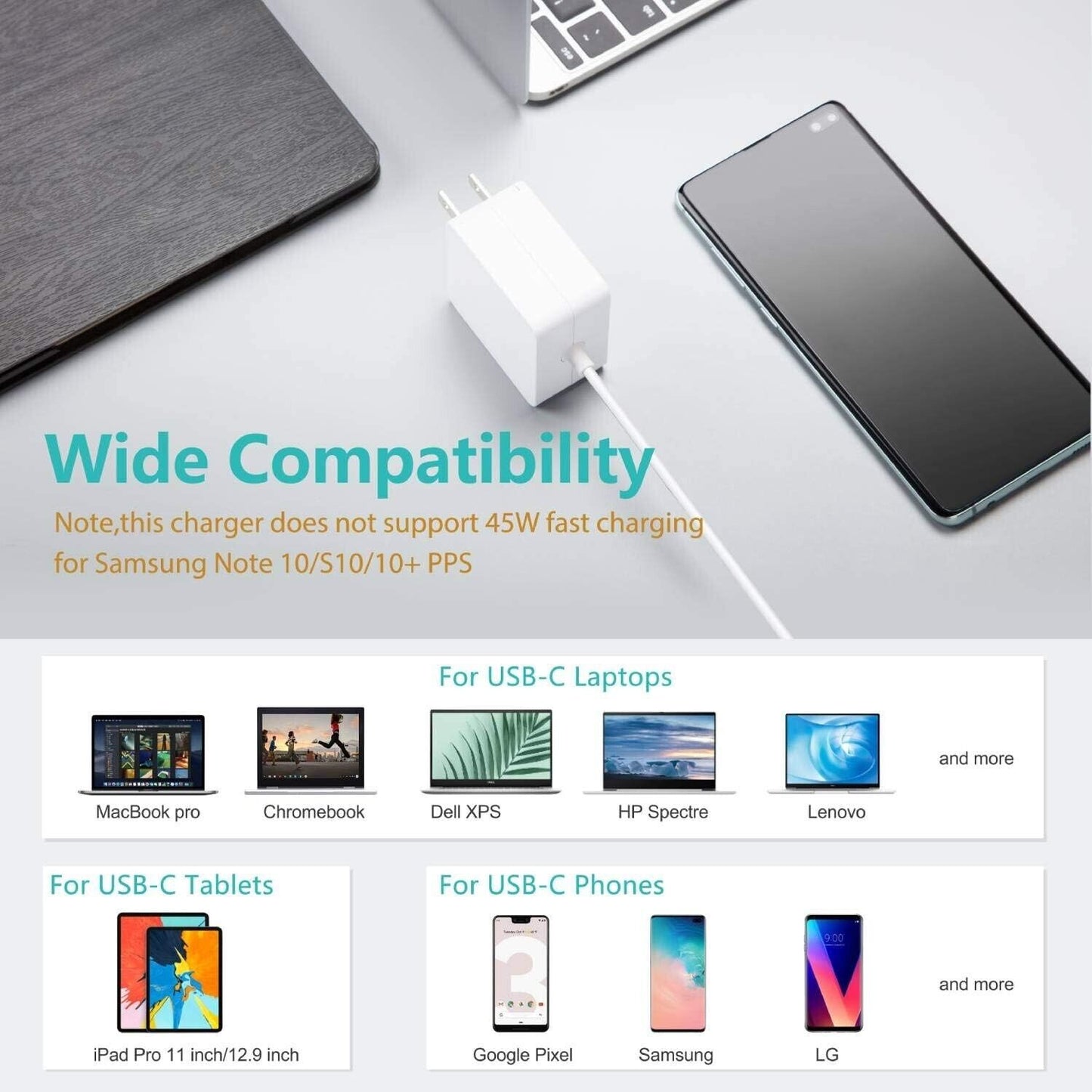 Nekteck 45w USB-C Charger with Attached 6ft Long Cable, PD.3[USB-IF Certified],
