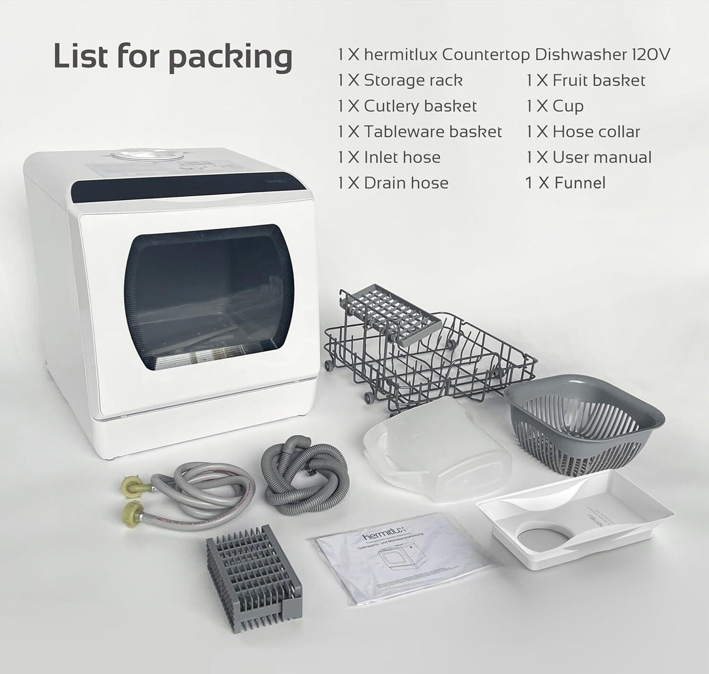 Hermitlux Countertop Dishwasher, 5 Washing Programs Portable Dishwasher