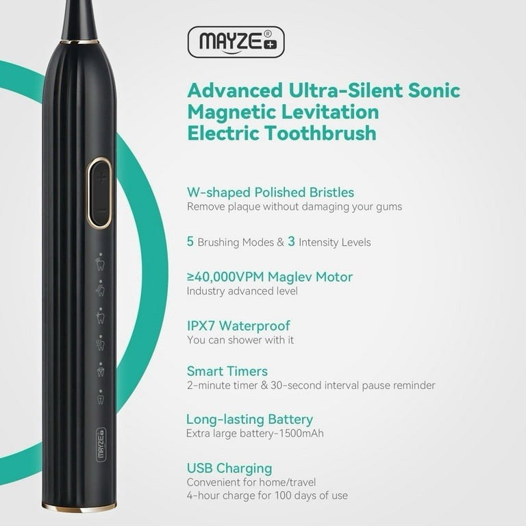 electric Toothbrush for Adults, with 6 Brush Heads, 5 Modes & 3 Intensity Levels