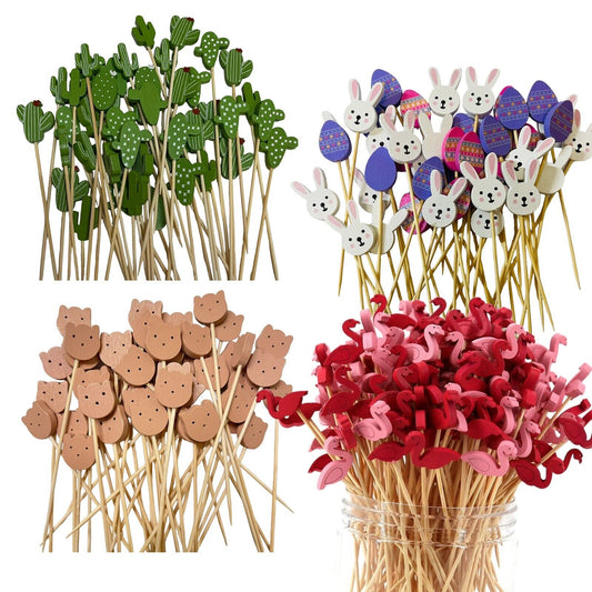 100 PCS Bamboo Cocktail Picks 5inch Food Picks Easter cactus flamingo