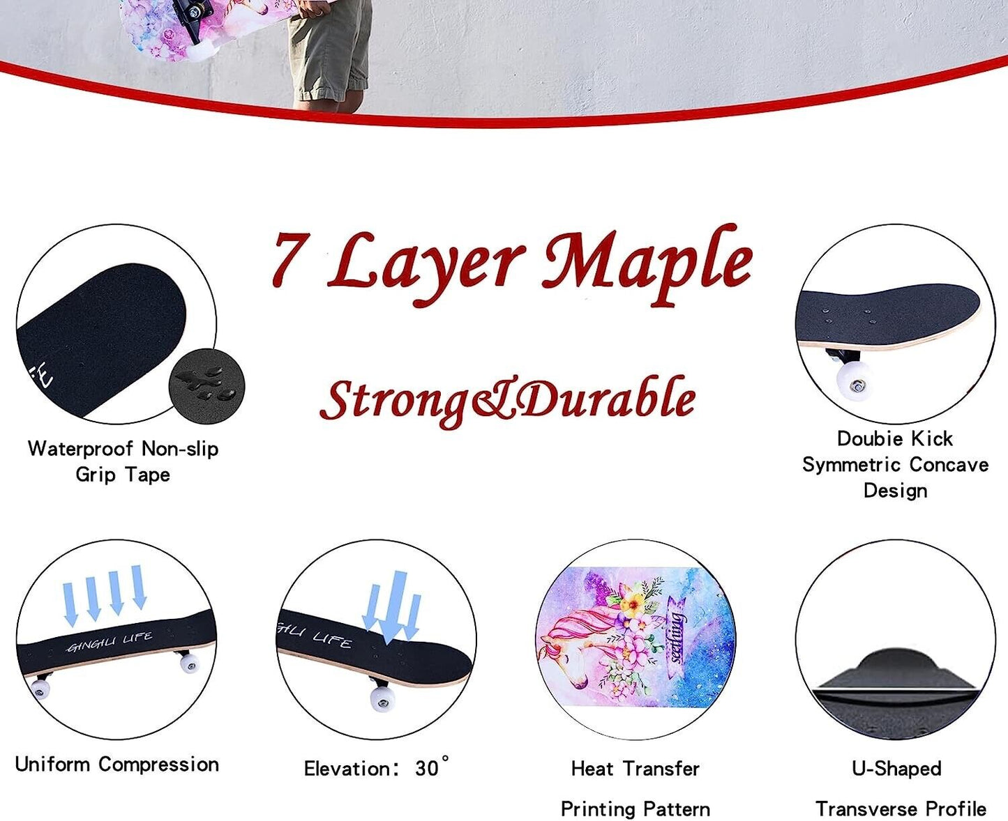 Complete Skateboard 31"x 8" for Kids Teens Adults, 7 Layer Maple Double Kick Dec