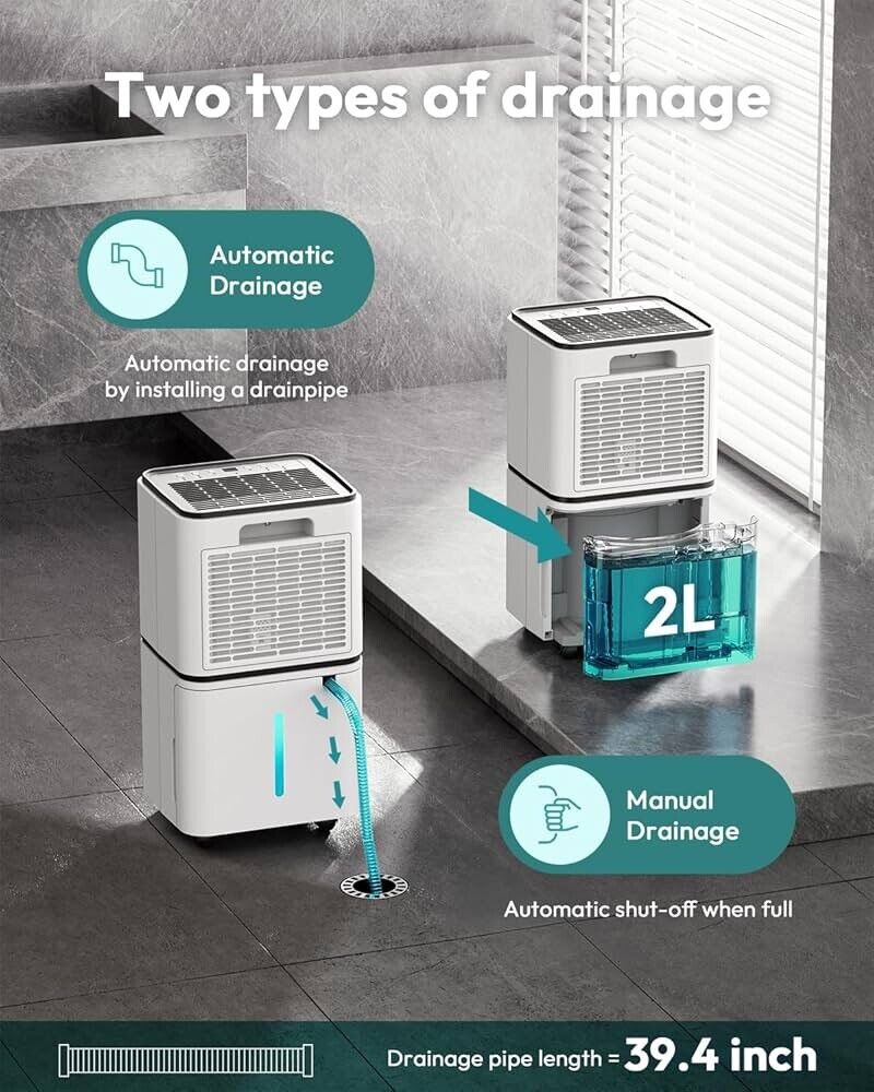 2000 Sq. Ft Dehumidifiers for Large Room and Basements, 30 Pints Dehumidifier with Drain Hose, Auto or Manual Drainage, 0.528 Gallon Water Tank, Auto Defrost, Dry Clothes Function, 24H Timer