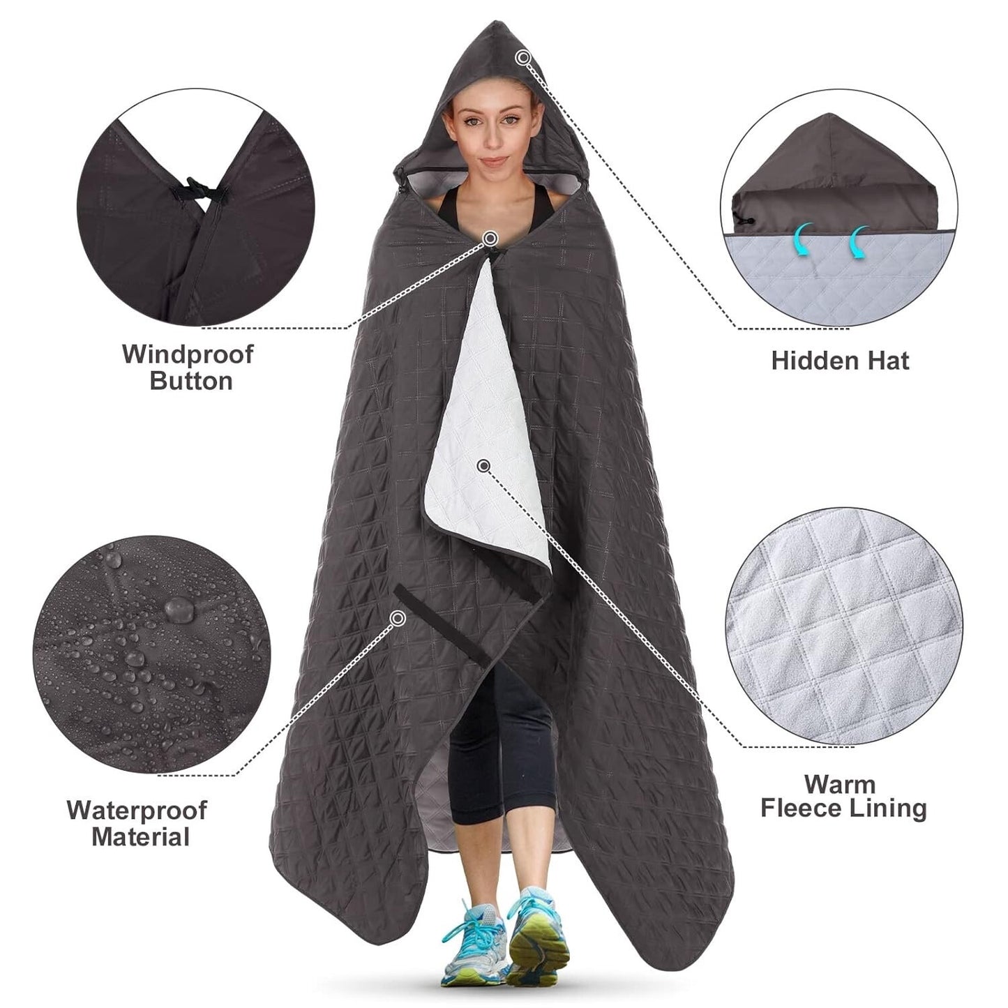82”x55” Outdoor Waterproof Camping Blanket - Hooded Fleece Windproof Blanket