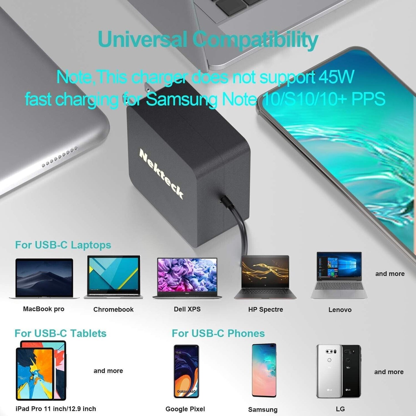Nekteck 45w USB-C Charger with Attached 6ft Long Cable, PD.3[USB-IF Certified],