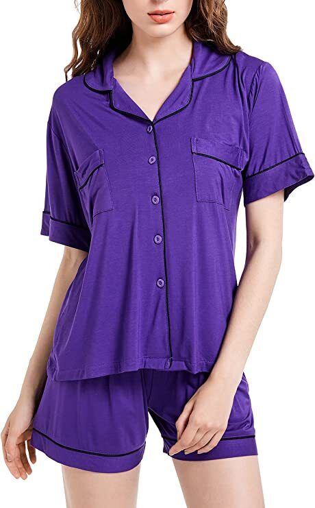Size-L-Women's Pajamas Set, Short Sleeve Sleepwear Button-Down Nightwear Soft