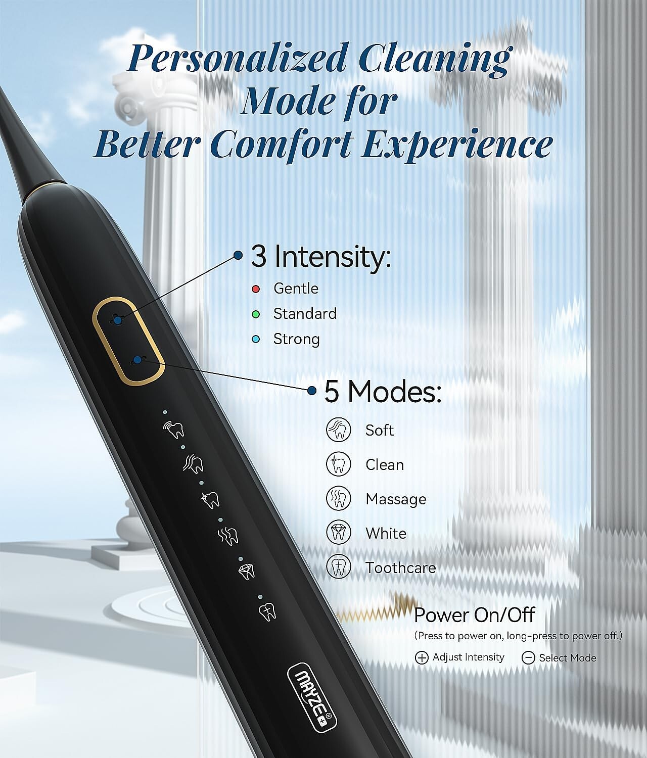 electric Toothbrush for Adults, with 6 Brush Heads, 5 Modes & 3 Intensity Levels