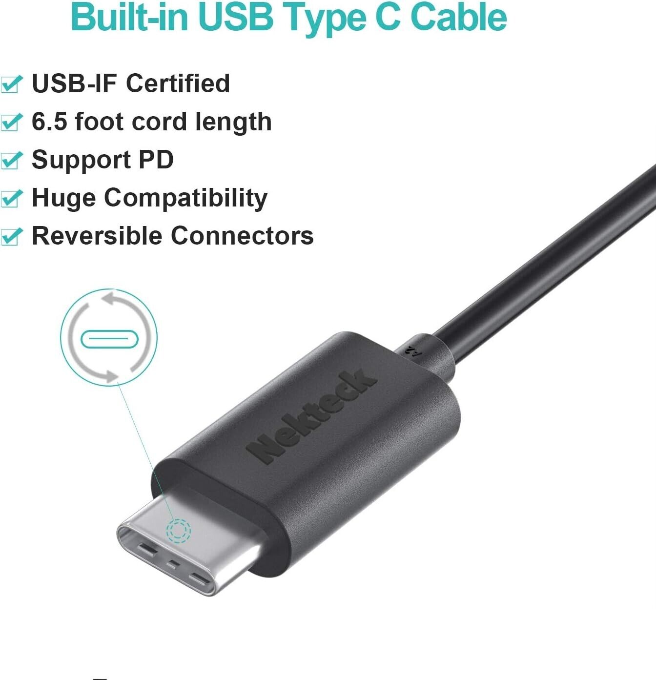 Nekteck 45w USB-C Charger with Attached 6ft Long Cable, PD.3[USB-IF Certified],