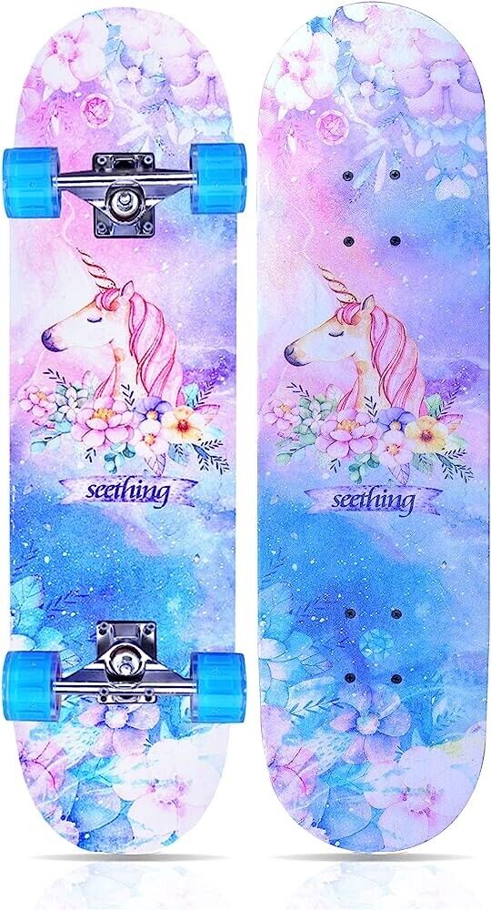 Complete Skateboard 31"x 8" for Kids Teens Adults, 7 Layer Maple Double Kick Dec
