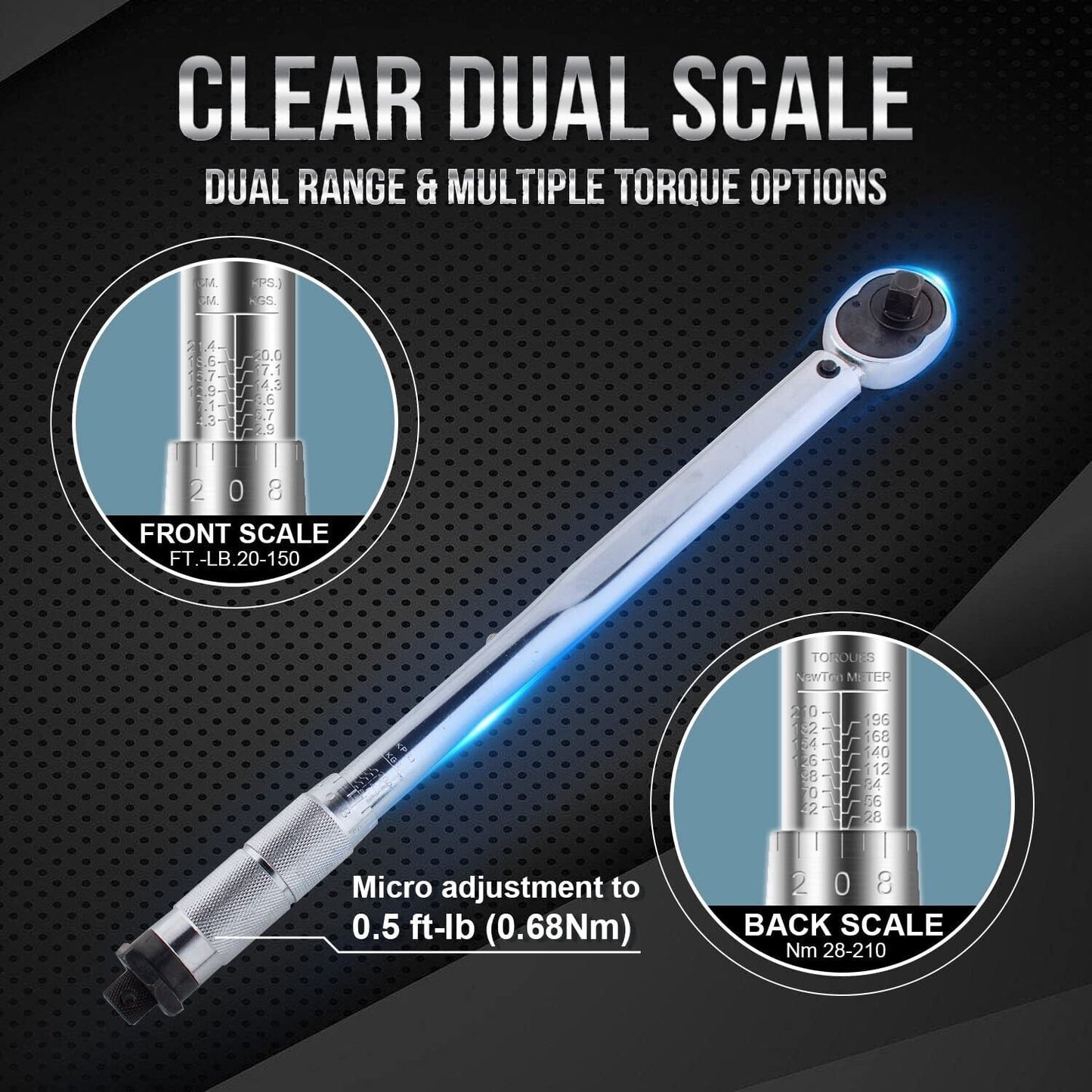 Torque Wrench Set 1/2 Inch Drive Click, 20-150 Ft.Lb/ 28-210 with 3 Sockets