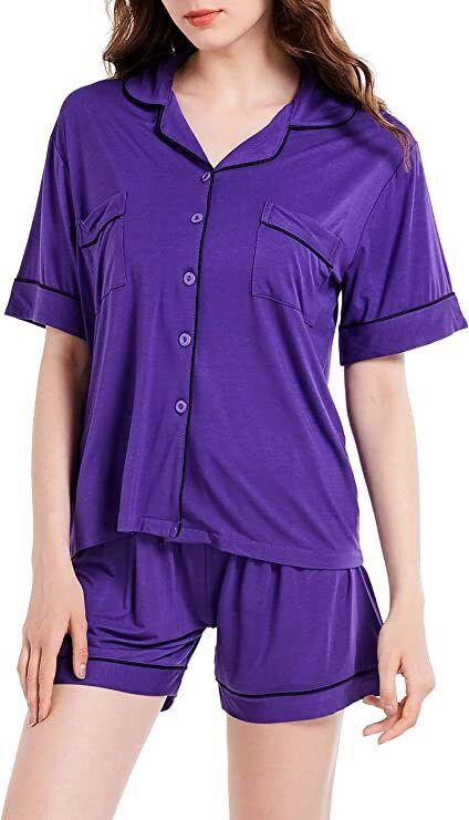 Size-L-Women's Pajamas Set, Short Sleeve Sleepwear Button-Down Nightwear Soft