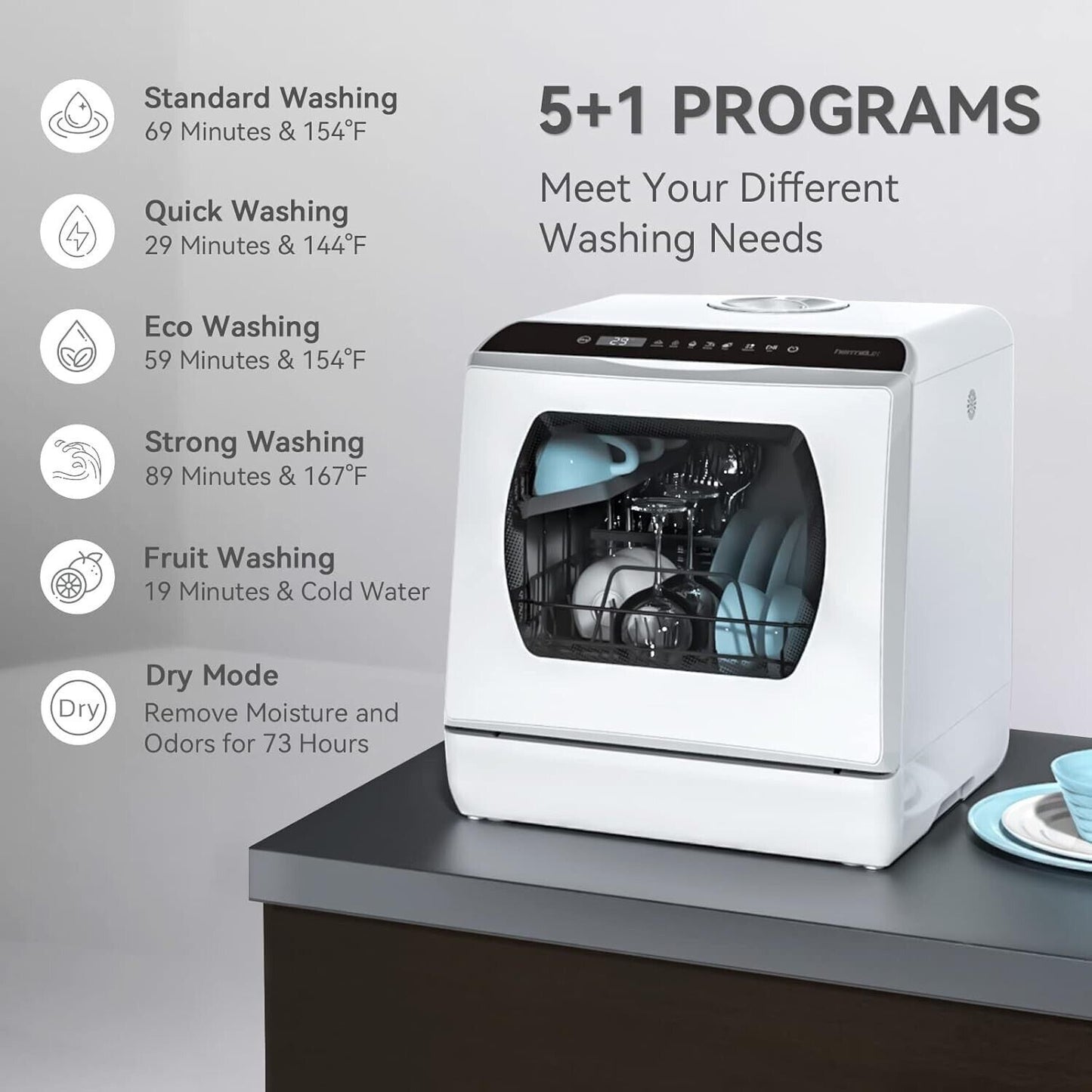 Hermitlux Countertop Dishwasher, 5 Washing Programs Portable Dishwasher