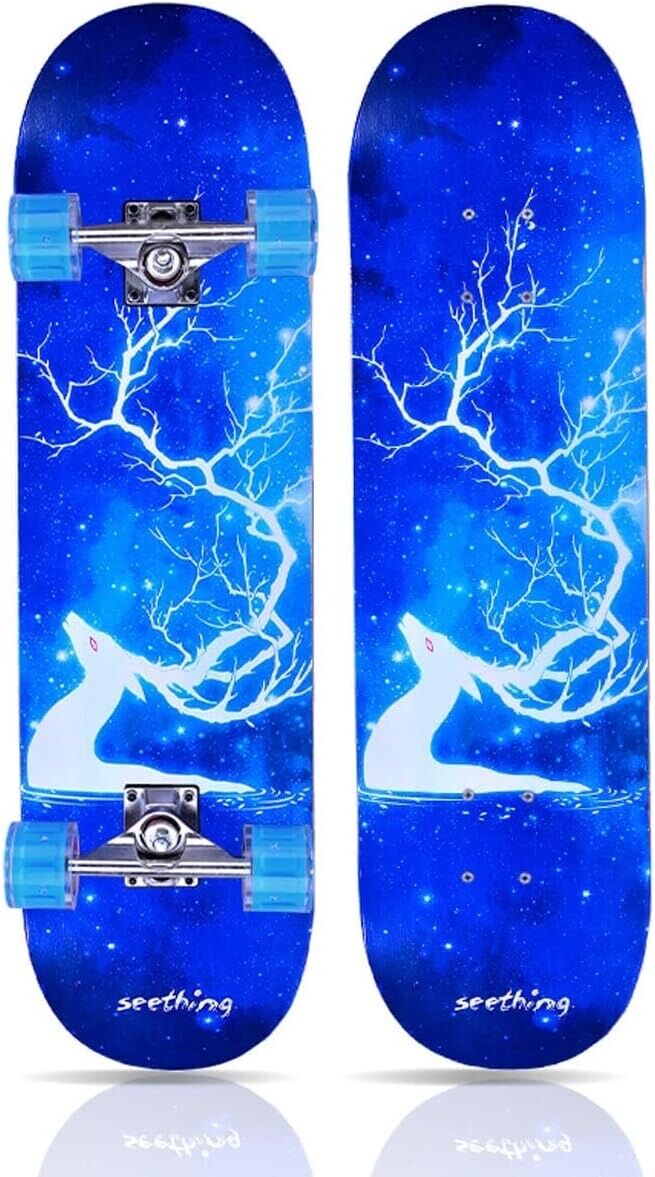 Complete Skateboard 31"x 8" for Kids Teens Adults, 7 Layer Maple Double Kick Dec
