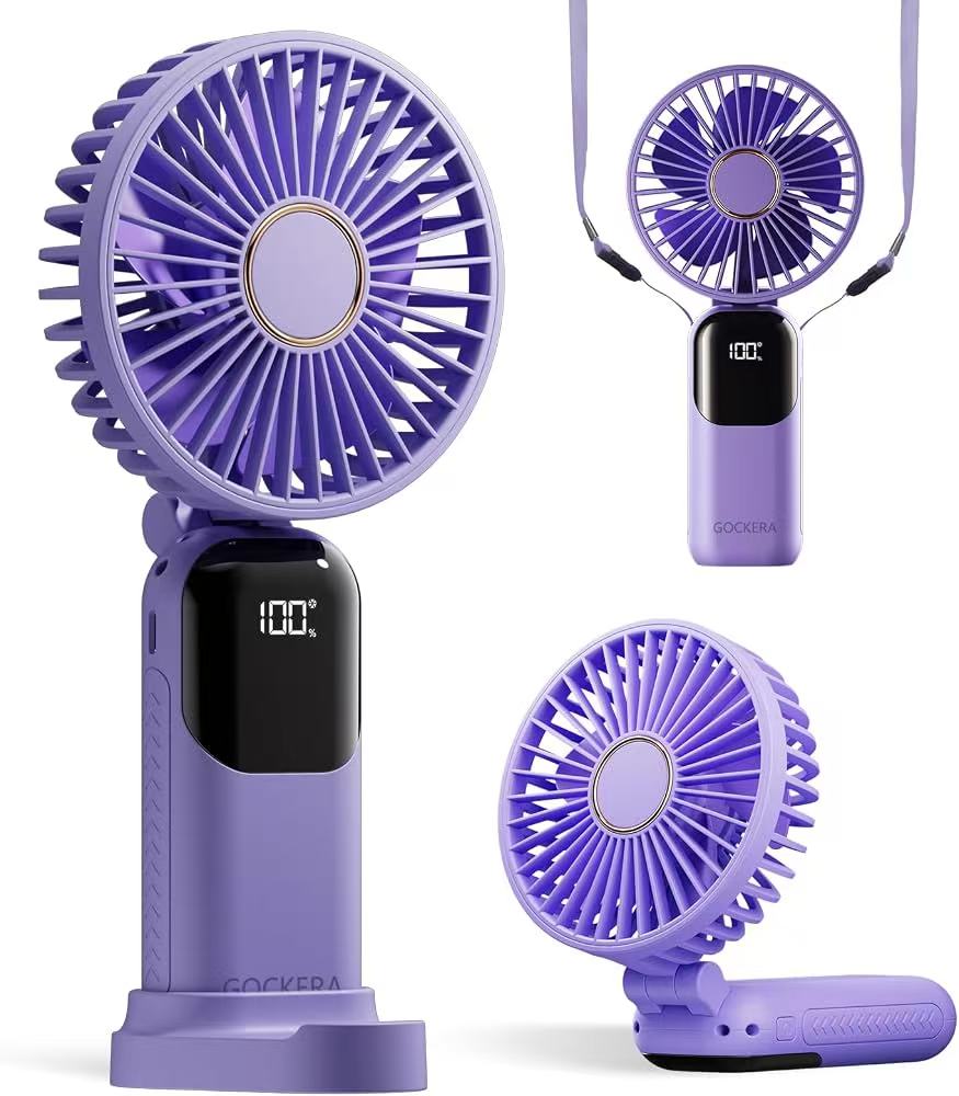 Digital Display, Makeup Fans for Women with Base, 180°Foldable 3in1 Handheld/Neck/Desk Fan for Outdoor Indoor