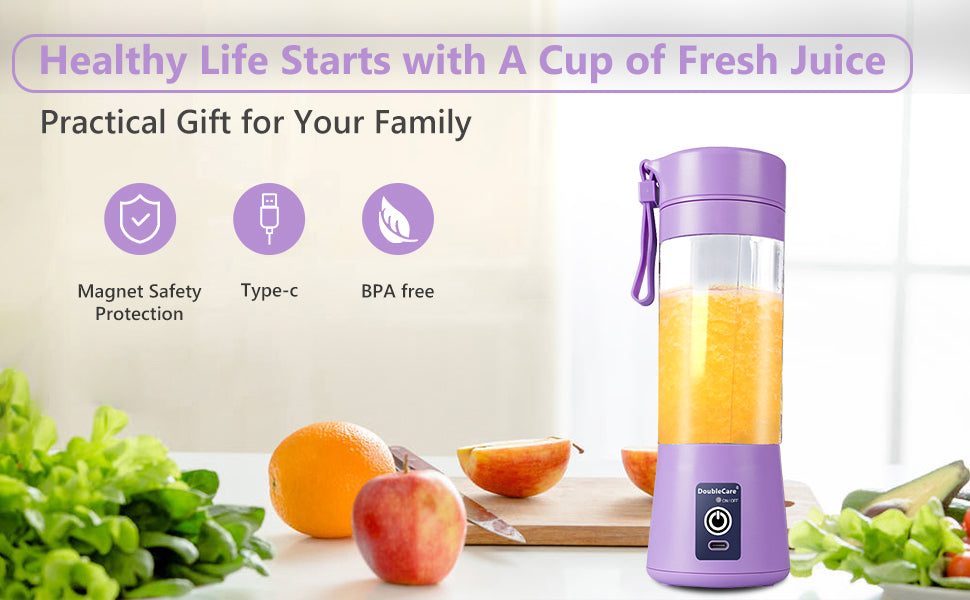 Portable Blender Cup,Electric USB Juicer Blender,Portable Juicer For Shakes and Smoothies, juice,380ml, Six Blades Great for Mixing,light purple
