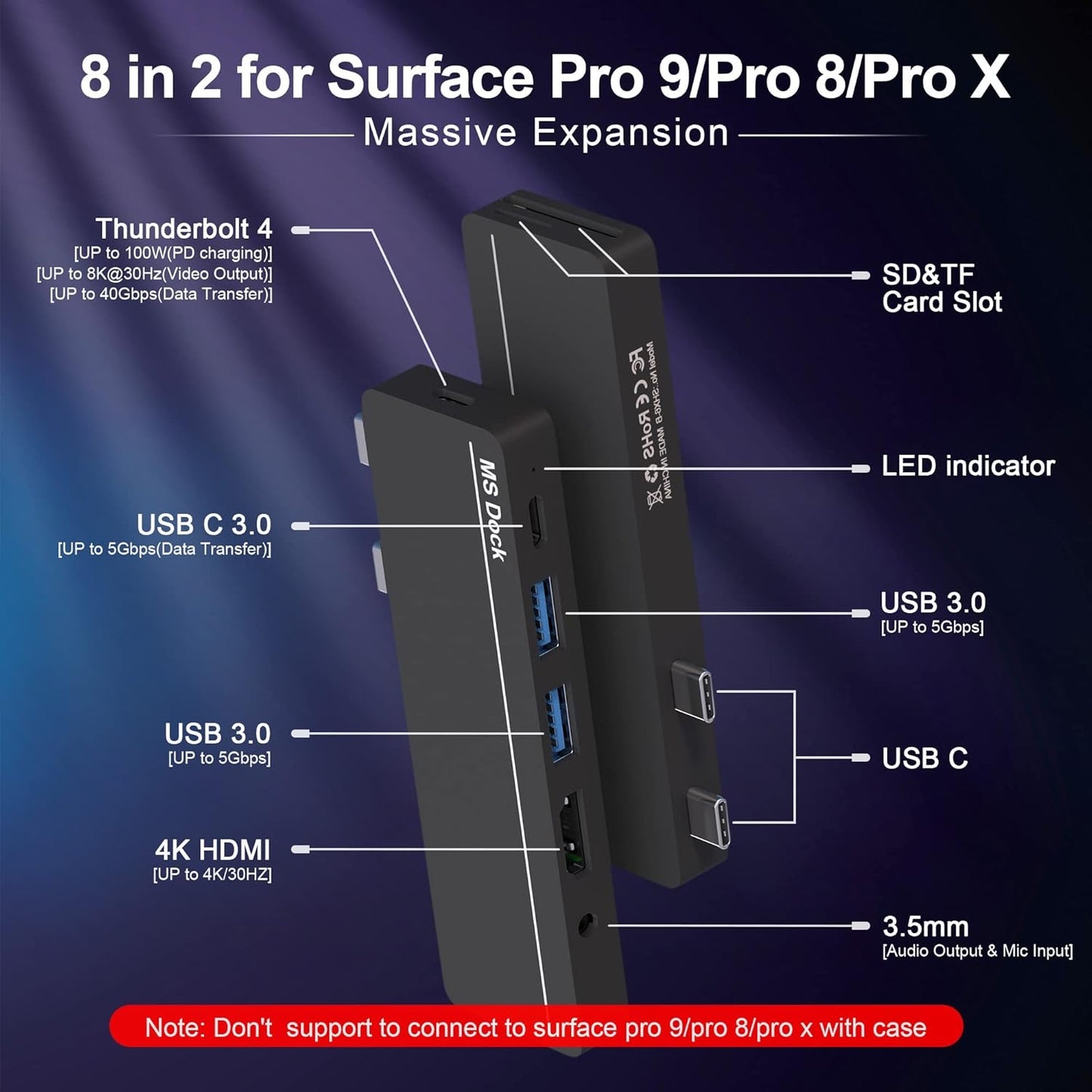 Surface Pro 9 Accessories, Surface Pro 8 Hub with 4K HDMI, 100W USB C Thunderbolt 4 (Display+40Gbps+PD), USB C, Audio, 2* USB A 3.0, TF/SD Card, Triple Display for Microsoft Surface Pro 9/8/X