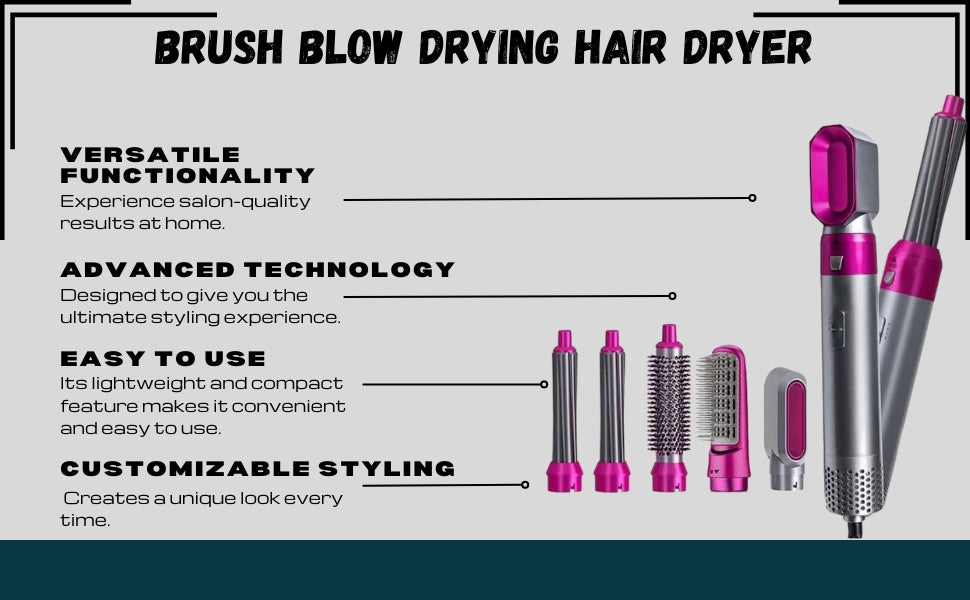 5-in-1 Volumizing Hair Styler - Blow Dryer Brush with Detachable Head for Straightening, Curling, Drying, Combing & Styling