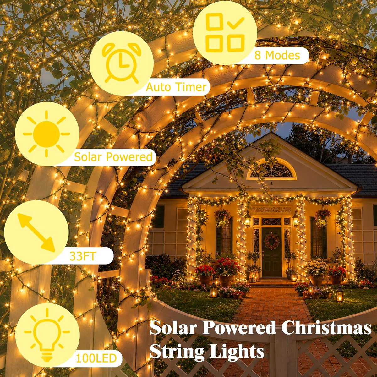 LED Solar Outdoor String Lights with 8 Modes, Warm White