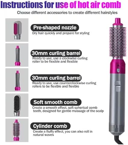 5-in-1 Volumizing Hair Styler - Blow Dryer Brush with Detachable Head for Straightening, Curling, Drying, Combing & Styling