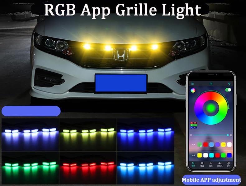4pcs 64 Colors LED Grille Lights Led Lights Kits Center Grid Decorative Lights Front Bumper Grid Mesh Mounted Grille Lighting