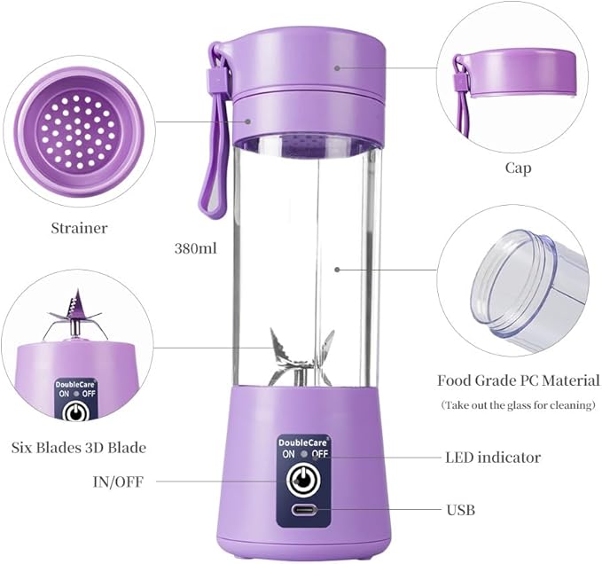 Portable Blender Cup,Electric USB Juicer Blender,Portable Juicer For Shakes and Smoothies, juice,380ml, Six Blades Great for Mixing,light purple