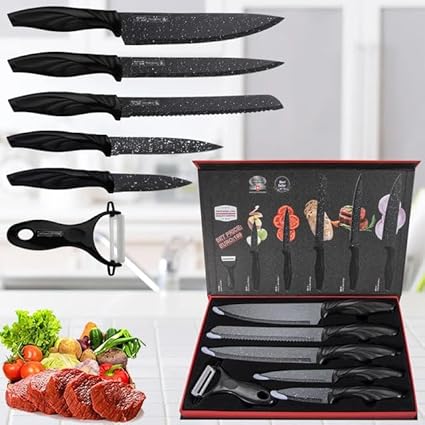 6 Pcs Kitchen Knife Set | High Carbon Stainless Steel | Black Colour | Non-Slip Handle | Sharp Knifes | Cooking Essential