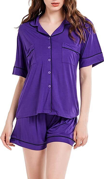 Size-L-Women's Pajamas Set, Short Sleeve Sleepwear Button-Down Nightwear Soft