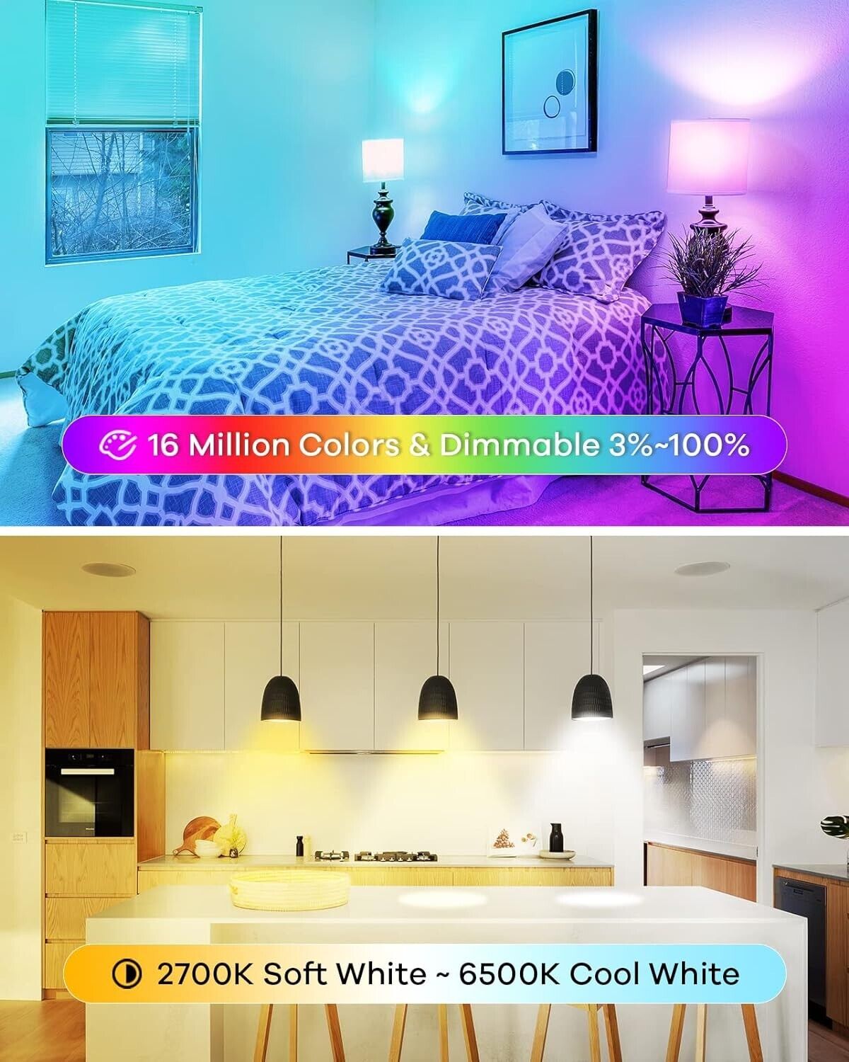 4x Smart Light Bulbs LED RGBW Color Changing Dimmable A19 E26 Bulbs, 2700-6500K