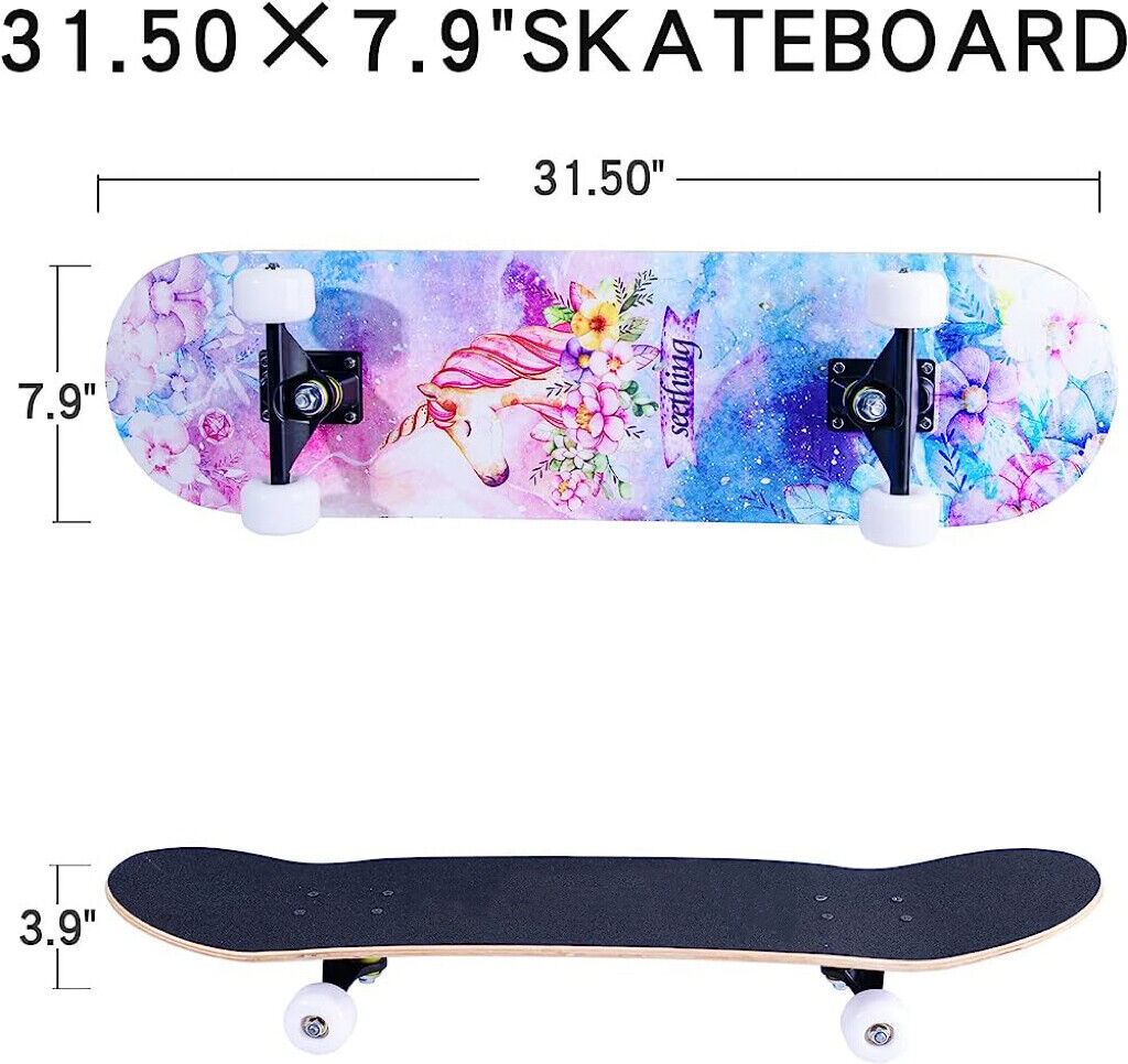 Complete Skateboard 31"x 8" for Kids Teens Adults, 7 Layer Maple Double Kick Dec