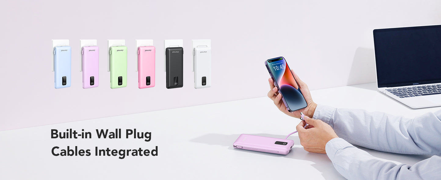 charmast Portable Charger with Built-in Cables and Wall Plug, 10000mAh USB C Portable Power Bank, Potable Phone Charger, Travel Essentials Compatible with iPhones, Samsung Galaxy, iPad