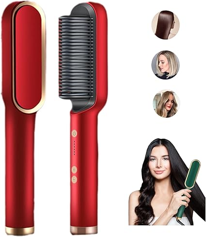 Ion Hairs Straightener Styling Comb With 5 Temp, 2 In 1 Hair Straightener Brush And Curler, Portable Electric Straightening Comb Heated Hair Brush 10s Fast Heating Anti-Scald