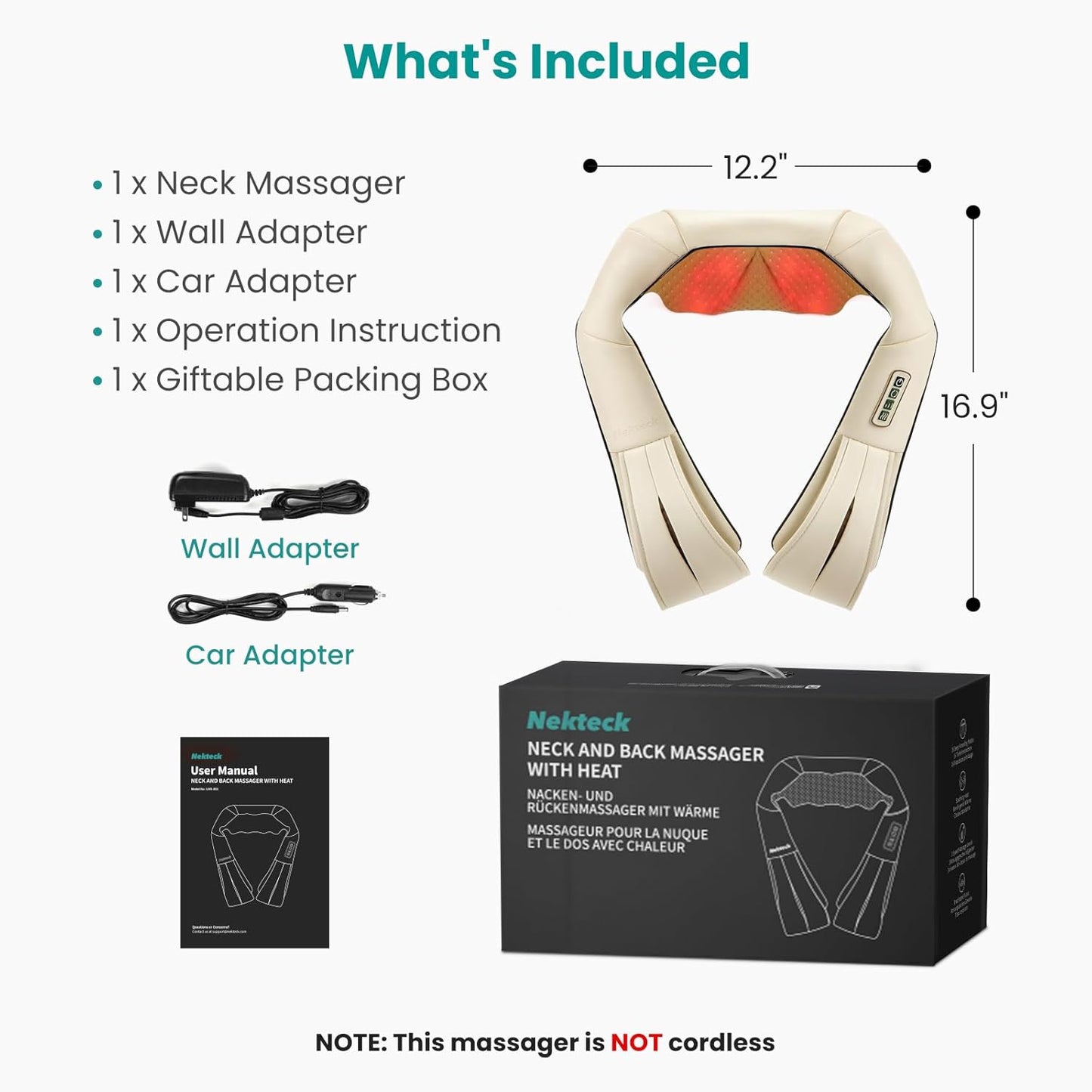 Nekteck Shiatsu Neck Massager with Heat for Pain Relief Deep Tissue, 2026 Upgraded 3D Back Shoulder Kneading Massage Pillow, Relaxation Gifts for Him Her Men Women, Beige (NOT Cordless)