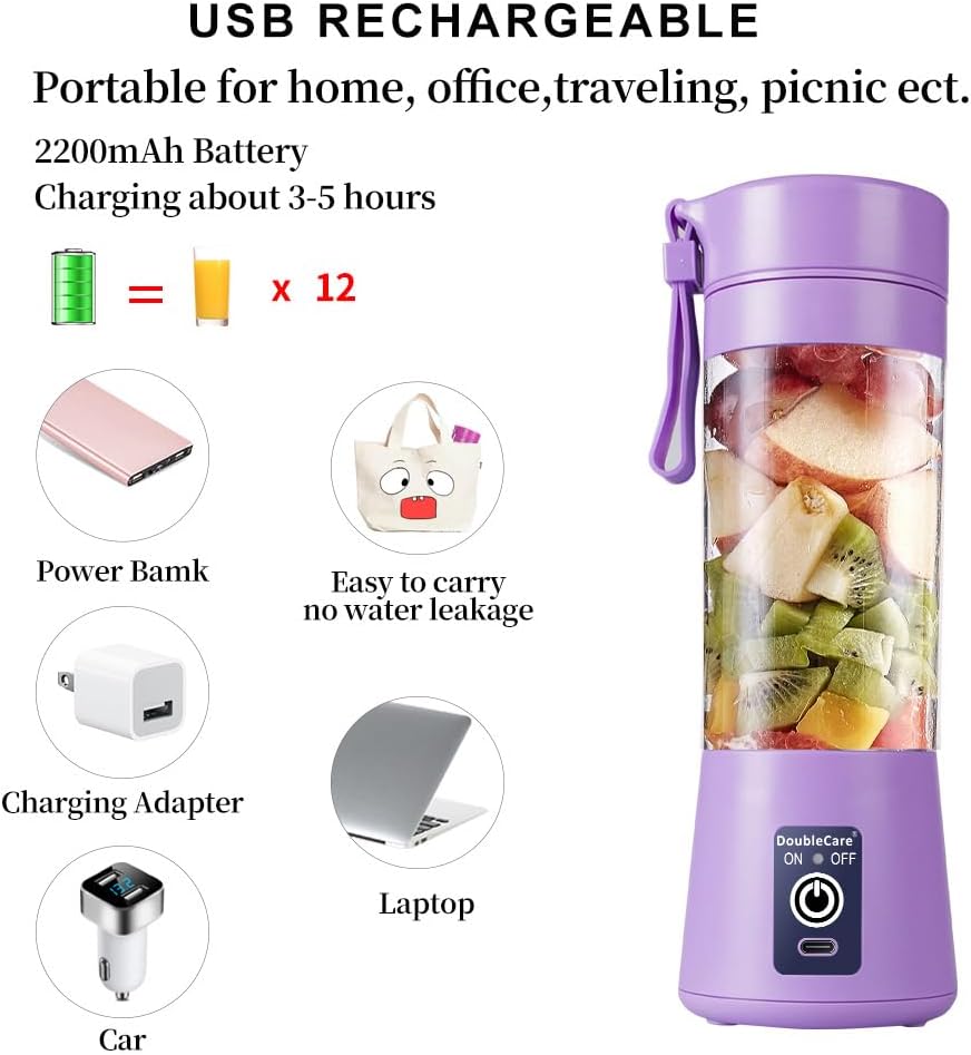 Portable Blender Cup,Electric USB Juicer Blender,Portable Juicer For Shakes and Smoothies, juice,380ml, Six Blades Great for Mixing,light purple