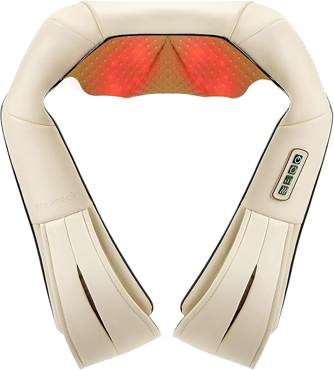 Nekteck Shiatsu Neck Massager with Heat for Pain Relief Deep Tissue, 2026 Upgraded 3D Back Shoulder Kneading Massage Pillow, Relaxation Gifts for Him Her Men Women, Beige (NOT Cordless)