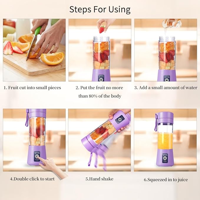 Portable Blender Cup,Electric USB Juicer Blender,Portable Juicer For Shakes and Smoothies, juice,380ml, Six Blades Great for Mixing,light purple