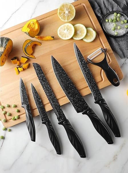 6 Pcs Kitchen Knife Set | High Carbon Stainless Steel | Black Colour | Non-Slip Handle | Sharp Knifes | Cooking Essential