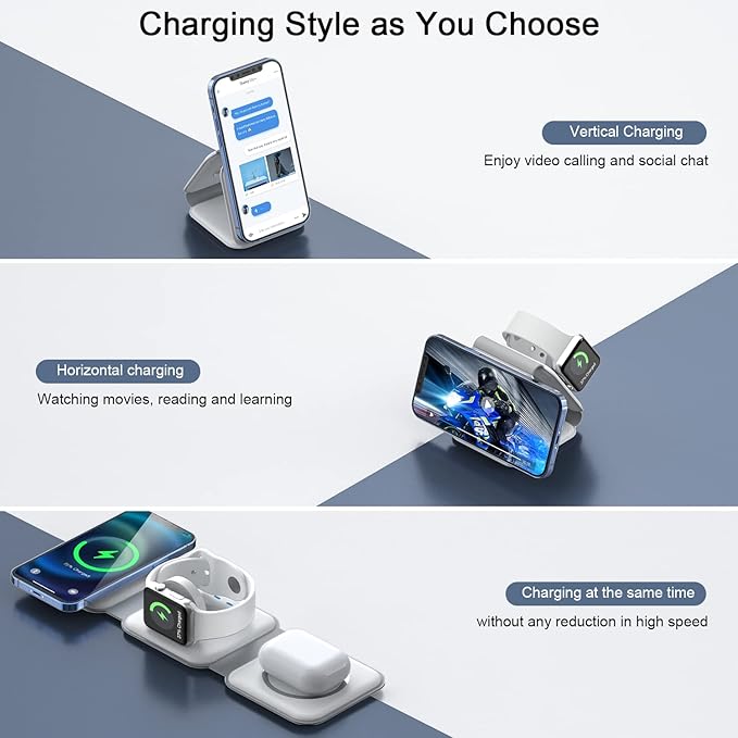 Wireless Charger 3 in 1,RTOPS Magnetic Traval Wireless Charging Station Multiple Devices,GaN 3 in 1 Charging Station,Compatible