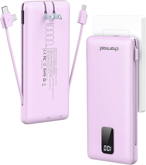 charmast Portable Charger with Built-in Cables and Wall Plug, 10000mAh USB C Portable Power Bank, Potable Phone Charger, Travel Essentials Compatible with iPhones, Samsung Galaxy, iPad