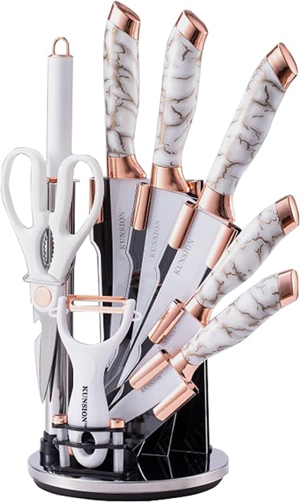 Kitchen Knife Set, Retrosohoo 9-Piece White Cracked Handle Knife Set for Kitchen, Ultra Sharp Non-stick Cooking Knife Set with Acrylic Stand Gift for Lover Family Friends (White)