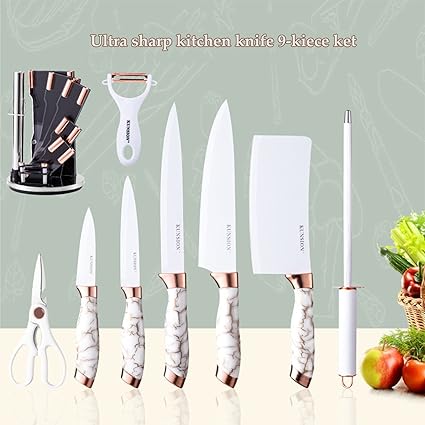 Kitchen Knife Set, Retrosohoo 9-Piece White Cracked Handle Knife Set for Kitchen, Ultra Sharp Non-stick Cooking Knife Set with Acrylic Stand Gift for Lover Family Friends (White)