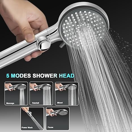 Shower Head with Hose, High Pressure 5 Mode Shower head Replacement, Shower Head for RV/Campers, Travel Trailer, Motorhome for Water Saving, Handheld Shower Head Holder and Hose, On Off Switch