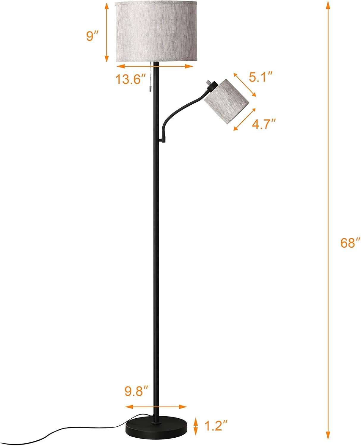 Floor Lamps for Living Room, Modern Standing Lamp with Adjustable Reading Light, LED Fabric Shade Industrial Lamps with 1.8m Cable for Living Room, Apartment, Office Standing Lamp
