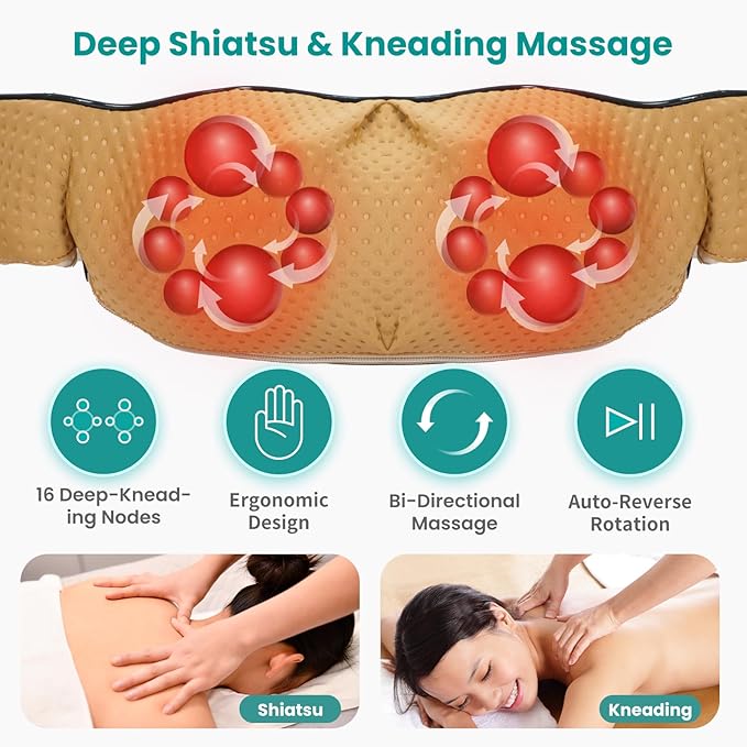 Nekteck Shiatsu Neck Massager with Heat for Pain Relief Deep Tissue, 2026 Upgraded 3D Back Shoulder Kneading Massage Pillow, Relaxation Gifts for Him Her Men Women, Beige (NOT Cordless)