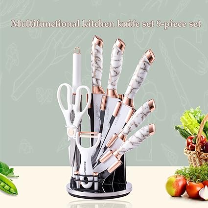 Kitchen Knife Set, Retrosohoo 9-Piece White Cracked Handle Knife Set for Kitchen, Ultra Sharp Non-stick Cooking Knife Set with Acrylic Stand Gift for Lover Family Friends (White)