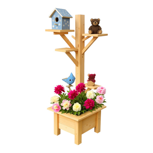 Rustic Wooden Planter Box with Mailbox & Birdhouse Display Stand – Handmade Outdoor Garden Flower Pot Stand (Decor Not Included)
