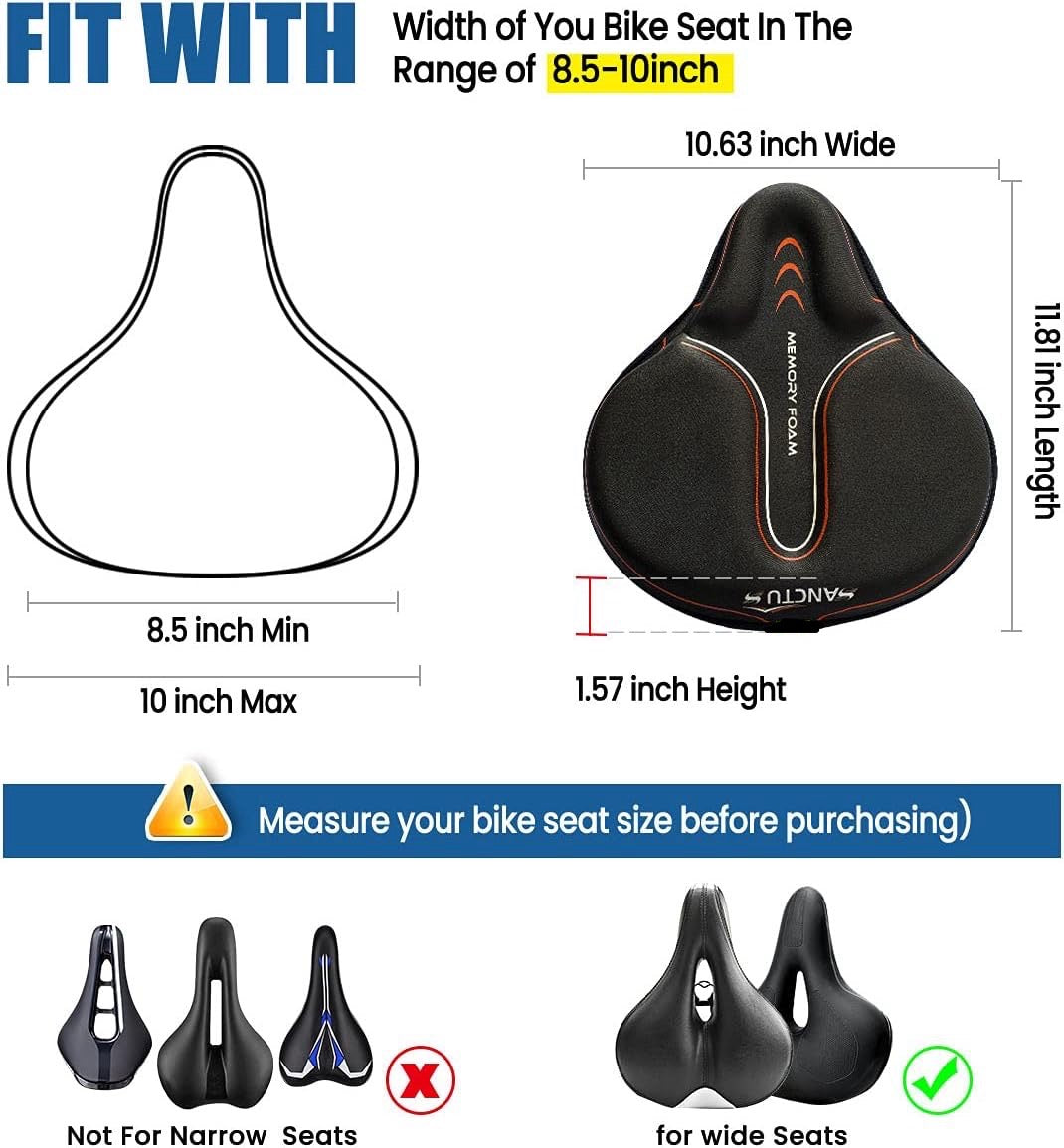 Bike Seat Cushion Cover Memory Foam, Large Wide Bicycle Saddle Soft for Men Women, Comfort Exercise Cycle Seats Cover Padded Fits Stationary Bikes, Cruiser, Spin, with Waterproof Cover